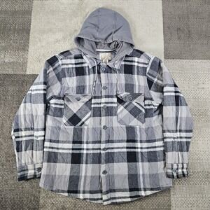 VTG Ocean Pacific Men Jacket L Gray Plaid Flannel Hood Quilted‎ Lining Outdoor
